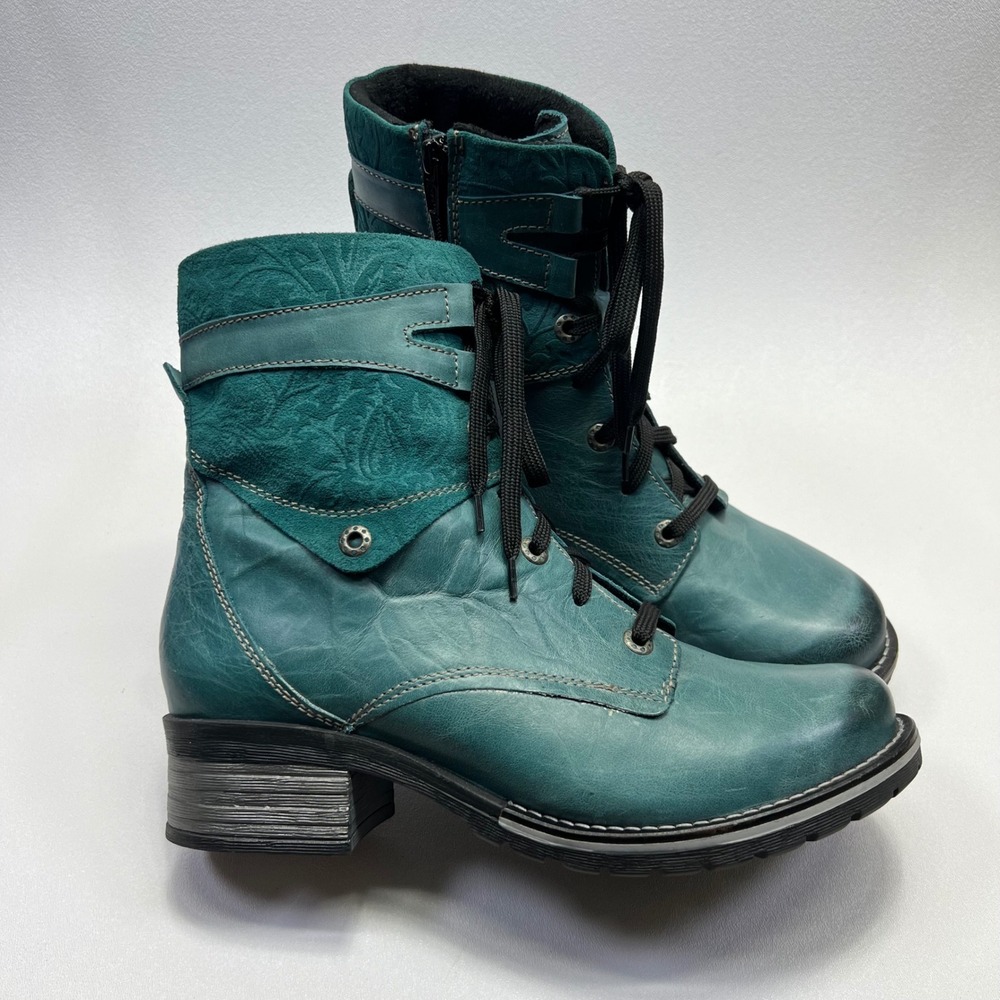 Dromedaris Kara Leather Boots Womens 41β Teal Lace Up Combat Faux Fur Lined